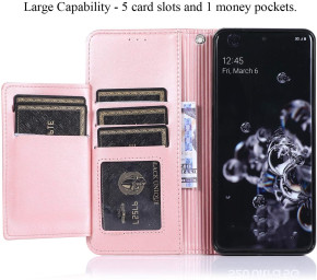 Луксозен кожен калъф тефтер с цип и визитник за Samsung Galaxy S20 G980 златисто розов/ rose gold